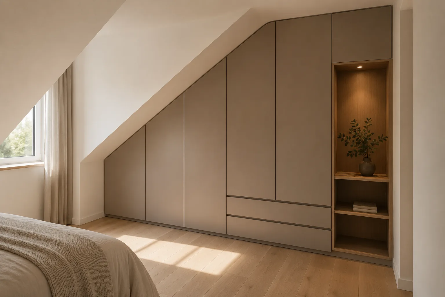 Gestaltungsbeispiel: raumhoher Einbauschrank unter einer Dachschräge